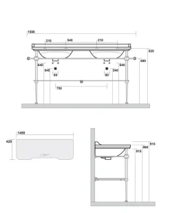Art Deco - Dubbeltvättställ 150 cm med bronsben & glashylla