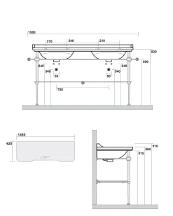 Art Deco - Dubbeltvättställ 150 cm med kromade ben & glashylla