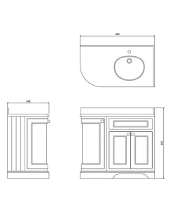 Badrumskommod rundat hörn Burlington - 100 cm vit (endast underdel)