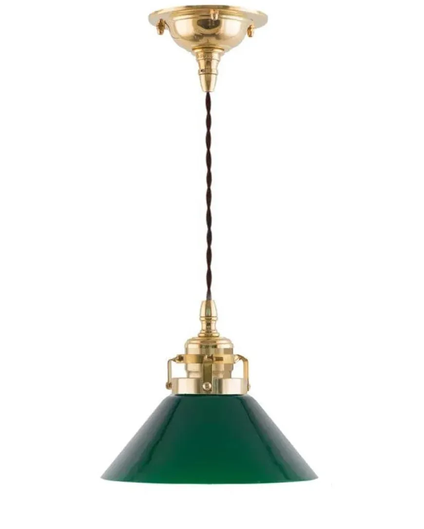 Taklampa - Skomakarsladd mässing, liten grön skärm 15 cm