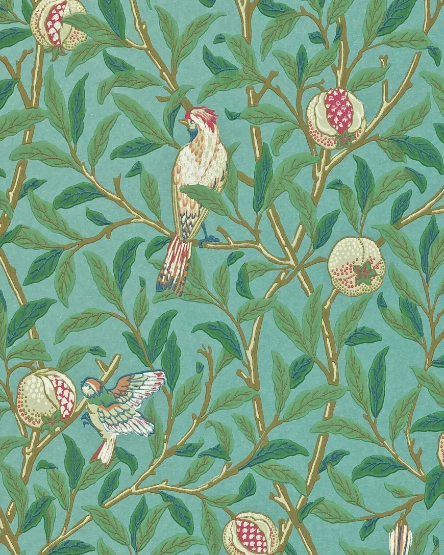 William Morris & Co. Tapet - Bird & Pomegranate Turquoise/Coral